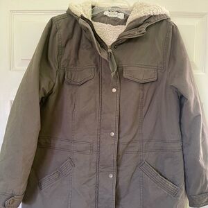 SEBBY SIZE LARGE SHERPA LINED TWILL HOODED ANORAK COAT JACKET